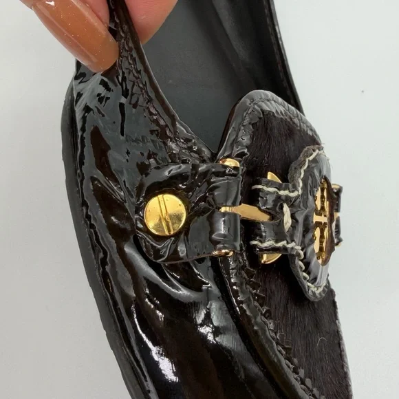 NWOT Tory Burch Dark Brown Patent Leather & Haircalf Ballet Flats Gold Hardware - Picture 15 of 15